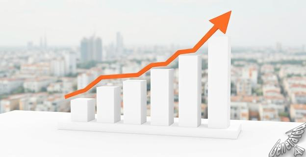 Gráfico de barras mostrando el incremento del 14,8% en el precio medio de la vivienda en España, con una flecha hacia arriba y una ciudad al fondo.