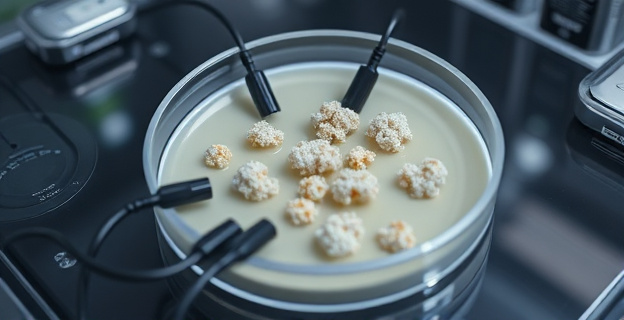 Una placa de Petri con micelio de hongo rehidratado y electrodos conectados, mostrando una respuesta eléctrica en un entorno de laboratorio