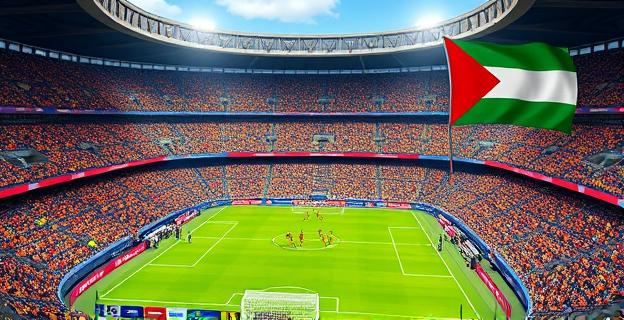 Imagen de un estadio de fútbol lleno con banderas de Cataluña y Palestina ondeando en las gradas, con un campo verde y jugadores en acción