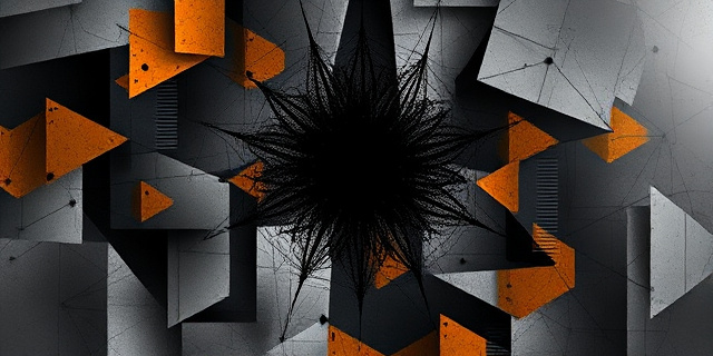 Una composición abstracta en tonos grises y ocres que evoca tensión y opacidad. Formas geométricas fracturadas que convergen hacia un punto central oscuro, representando un entramado complejo e ilegal. La atmósfera debe ser densa y sugerir la idea de secretos ocultos y transacciones financieras turbias. Estilo expresionismo abstracto.