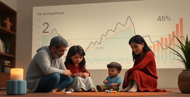 Imagen de una familia andaluza en un entorno de dolor y pérdida, con un fondo que muestra gráficos de impuestos y cifras económicas, representando el impacto del 