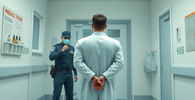 Una escena en un hospital donde un médico está siendo esposado por la policía, con un armario de medicamentos forzado al fondo.