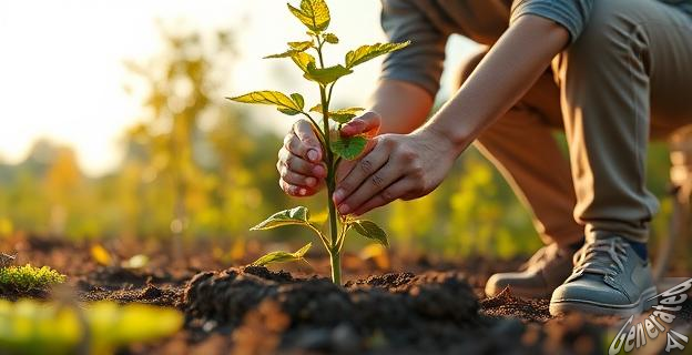 Una persona trasplantando una planta en un jardín durante el mes de septiembre, con un sol suave y algunas nubes en el cielo.