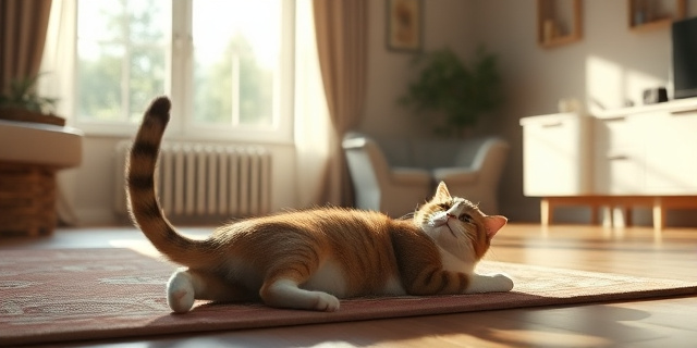Un interior de sala con un gato en posición de estiramiento, sus patas extendidas sobre una alfombra, la luz natural entra por una ventana y crea sombras suaves en la superficie. La escena transmite serenidad y misterio, sin mostrar rostros humanos.