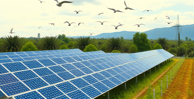 Una planta solar fotovoltaica en un paisaje natural protegido, con aves volando alrededor y una sensación de controversia en el aire