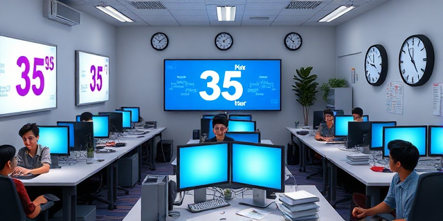 Una sala de oficinas con pantallas luminosas que muestran horarios de 35 horas, empleados sonrientes trabajando en mesas compartidas, relojes de pared marcando 35, papeles con acuerdos sindicales y una atmósfera de colaboración y progreso, sin rostros específicos ni nombres reales.