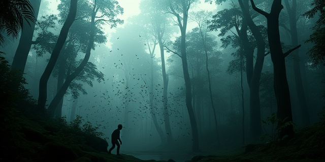 Un bosque prehistórico de Sudeste Asiático con árboles altos y una capa de niebla. Un grupo de mosquitos, de color vibrante, revolotea entre las hojas, mientras en el suelo, sombras de homínidos bípedos se acercan al agua. La escena transmite la sensación de un descubrimiento científico en un entorno natural, sin rostros humanos visibles.