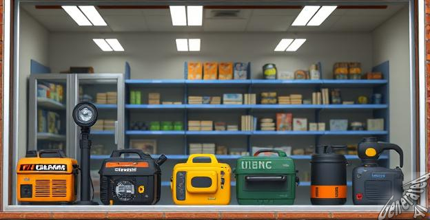 Escaparate de ferretería con productos de emergencia como generadores, hornillos y linternas en primer plano, con estanterías parcialmente vacías al fondo