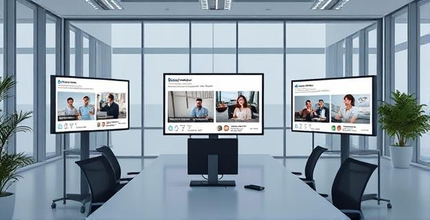 Oficina moderna con pantallas mostrando redes sociales con contenido eliminado