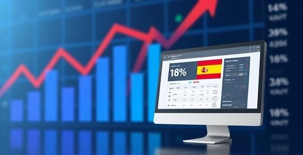Gráfico mostrando el crecimiento de inversores jóvenes en la Bolsa española, con un fondo de gráficos de barras representando el aumento del 18% de inversores menores de 24 años y un 38% en Cataluña, junto a una imagen de una pantalla de ordenador con una plataforma de inversión