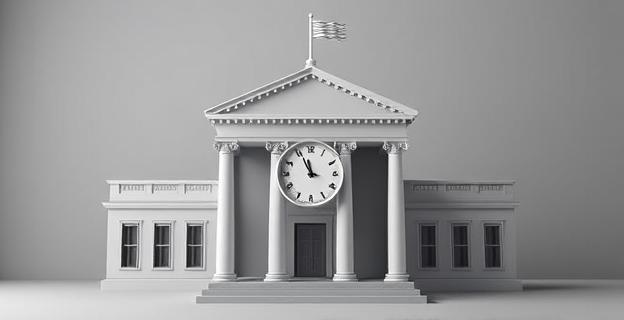 Edificio gubernamental con documentos cerrados y un reloj marcando una fecha límite, con un fondo grisáceo representando la falta de transparencia