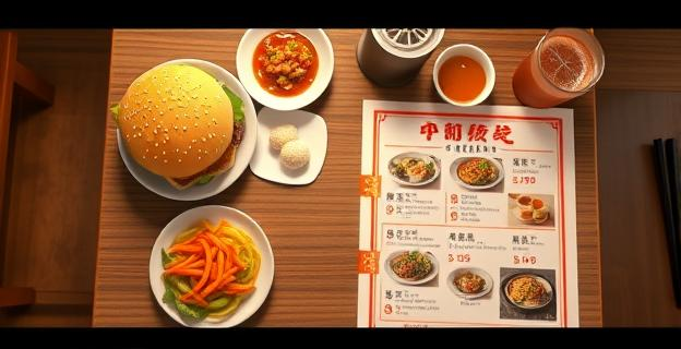 Vista cenital de una mesa con una hamburguesa y un menú de comida china, con platos variados y bebidas