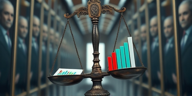 Una balanza antigua y oxidada, inclinada drásticamente hacia un lado. En la balanza, en lugar de pesos, hay diagramas de barras y gráficos de encuestas. El fondo es un laberinto de espejos distorsionados que reflejan figuras políticas borrosas.