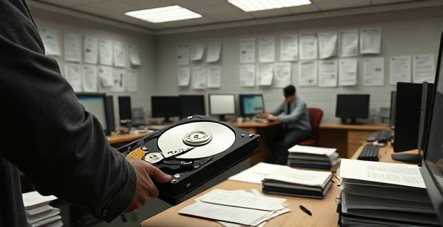 Una sala llena de documentos y ordenadores con un disco duro siendo retirado por un agente de la UDEF en primer plano, mientras otros agentes revisan papeles en el fondo.