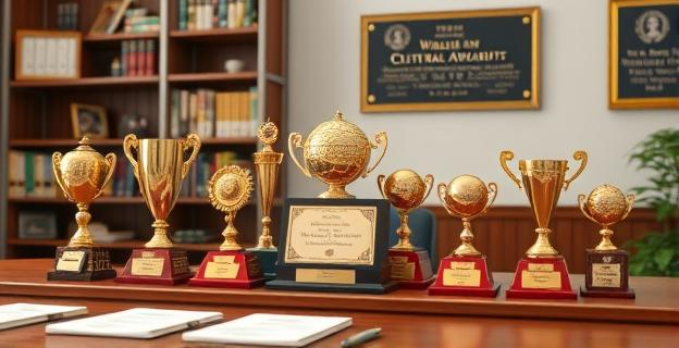 Una imagen de un escritorio con varios trofeos y diplomas, representando los numerosos premios recibidos por un escritor. Al fondo, un estante con libros y una placa con el nombre de un instituto cultural.