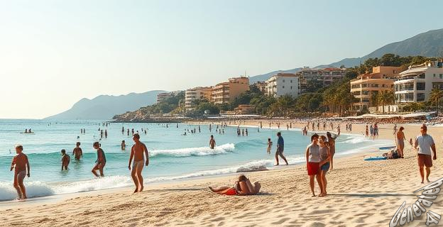 Imagen de una playa en Mallorca con turistas, con un cartel de 