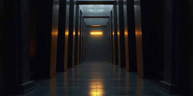Una composición visual abstracta que represente la tensión entre el poder político y la fe religiosa. Colores oscuros y dorados, con formas geométricas que sugieran un laberinto. Un halo de luz tenue ilumina un punto de fuga lejano, simbolizando la búsqueda de legitimidad. Texturas que evoquen tanto la solemnidad de un templo como la frialdad de un despacho gubernamental.