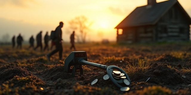Una escena de un prado de Noruega al amanecer, con un detector de metal apuntando a la tierra húmeda. Alrededor, pequeñas monedas de plata brillan como luciérnagas. Al fondo, una caravana de agricultores con capas de lana y botas de cuero, y una vieja cabaña de madera con una chimenea humeante. No hay personas reconocibles, solo siluetas en la distancia.