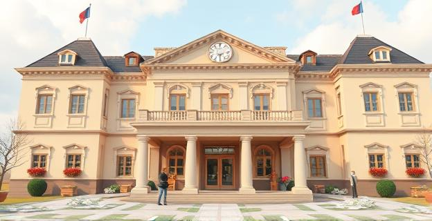 Edificio institucional con dinero en efectivo y documentos de contabilidad irregular