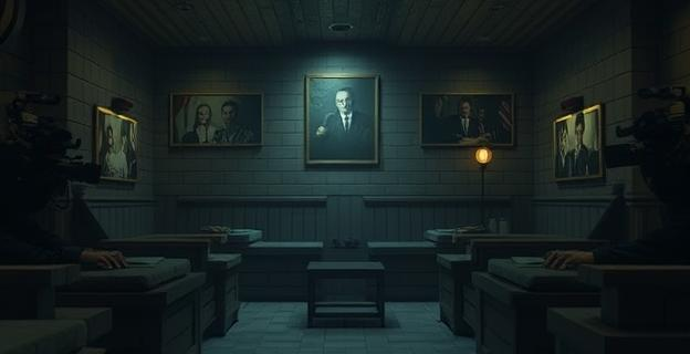 Saunas clandestinas con cámaras ocultas y figuras políticas en un ambiente oscuro y sombrío, representando espionaje y manipulación