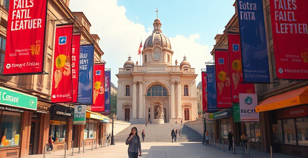 Una imagen de una ciudad turística con un gran ayuntamiento en el centro, rodeado de pancartas y anuncios publicitarios, con un ambiente de debate político en el aire