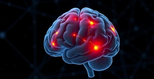 Imagen de un cerebro humano con áreas iluminadas mostrando conexiones neuronales entre la región BNST y el núcleo DpMe. Fondo oscuro con patrones que sugieren actividad cerebral durante el sueño profundo.
