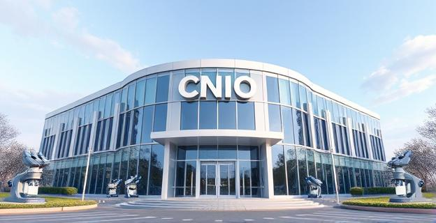 Un edificio moderno con un letrero que dice CNIO en la fachada, rodeado de símbolos de investigación científica como microscopios y tubos de ensayo, con un ambiente de seriedad y profesionalismo