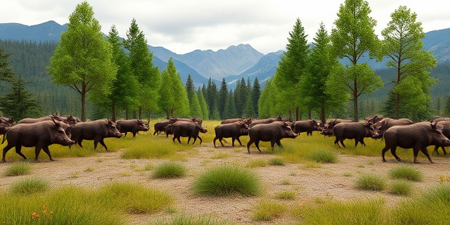 Un parque natural cerrado con jabalíes sueltos, con un fondo de montañas y un cielo nublado