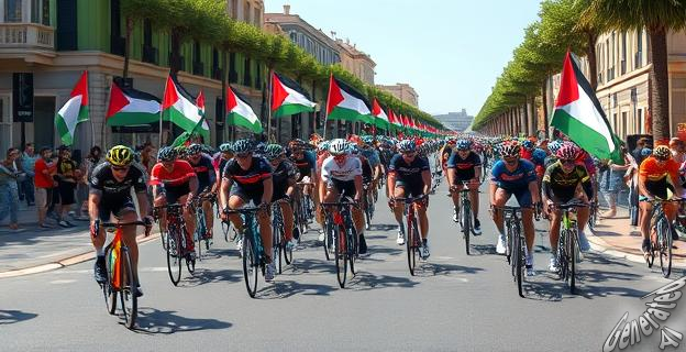 Imagen de manifestantes propalestinos cortando el recorrido de los ciclistas en el Paseo del Prado durante La Vuelta a España