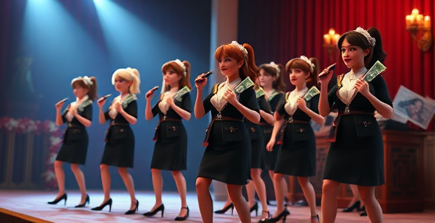 Una agrupación de personas disfrazadas de mujer con traje formal y billetes sobresaliendo de sus bolsos, actuando en un escenario con ambiente de fiesta y sátira