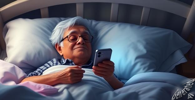 Imagen de una persona mayor acostada con un móvil en la mano y una pantalla encendida, con una expresión de cansancio y una habitación tenuemente iluminada
