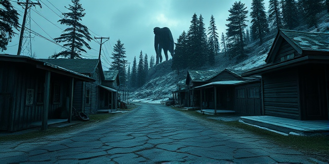 Un paisaje desolado de una antigua ciudad pesquera en Alaska, con callejones llenos de escombros de maquinaria de carnicería, un viejo túnel minero abandonado y un bosque denso. En la distancia, una silueta enorme y peluda se distingue entre los árboles, como una sombra de gigante que merodea el lugar, con una luz tenue que sugiere un atardecer frío y misterioso.