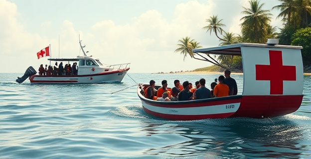 Una imagen de una patera llegando a la costa de una isla, con personas apiñadas en su interior, mientras al fondo se ve un vehículo de Cruz Roja acercándose con voluntarios preparados para atender a los inmigrantes.
