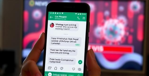 Una imagen de un teléfono móvil mostrando una conversación de WhatsApp entre dos personas hablando sobre test de Covid durante la pandemia, con un fondo de noticias de televisión mostrando gráficos de casos de coronavirus