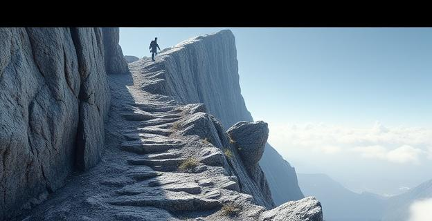 Imagen de una montaña con un sendero empinado y rocoso, con un precipicio al fondo y una figura en la lejanía cerca del borde del acantilado.