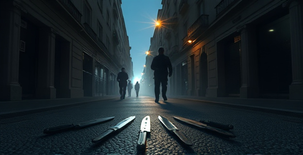 Una calle oscura en Madrid con varios cuchillos tirados en el suelo y un ambiente tenso, con policías patrullando con linternas