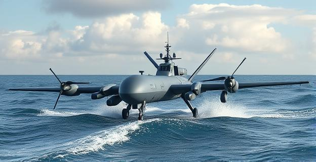 Imagen de un dron naval avanzado en el Mar Negro, con lanzacohetes múltiples y sistemas de autodestrucción, navegando entre olas moderadas bajo un cielo parcialmente nublado.
