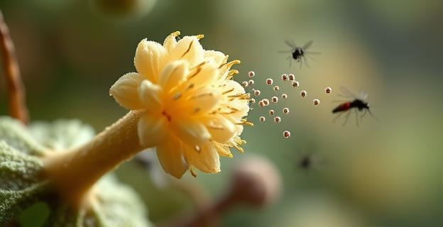 Una representación microscópica de un hongo entomopatógeno Metarhizium, con esporas que emiten una fragancia dulce, similar a la de las flores. Alrededor de las esporas, se ven pequeñas moléculas de longifoleno flotando en el aire, creando un halo aromático. En el fondo, de forma abstracta, siluetas de mosquitos se acercan atraídos por el olor, pero no se les ve interactuar directamente con el hongo. La paleta de colores es una mezcla de tonos verdes, marrones y florales suaves, con un enfoque en la ciencia y la biología.