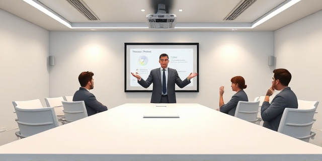 Una sala de reuniones minimalista con una mesa larga, sillas alineadas y un proyector que muestra diapositivas. En el frente, un personaje con postura dominante gesticula mientras sus compañeros asienten distraídamente, representando al típico know‑it‑all que monopoliza la conversación.
