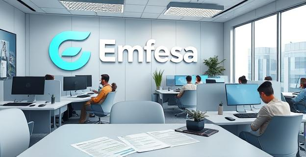 Oficina corporativa con empleados trabajando en computadoras, con un gran logo de Emfesa en la pared y documentos de contrataciones y salarios sobre una mesa