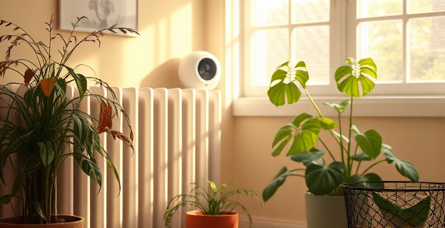 Una composición artística que muestra plantas de interior, algunas con hojas marchitas o marrones, junto a un radiador de calefacción encendido. El aire se ve seco, con sutiles ondas de calor distorsionando la luz. Un humidificador nebuliza vapor en una esquina, y en el fondo se vislumbran ventanas abiertas por la mañana. Predominan los tonos cálidos del hogar contrastados con el verde agonizante de las plantas.