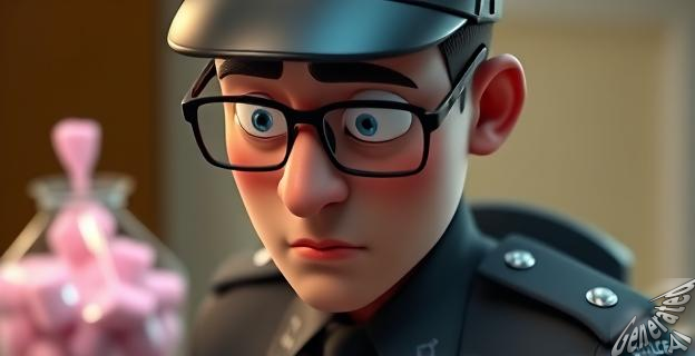 Un agente de policía con gafas y un uniforme de la Policía Nacional mirando hacia abajo con una expresión de sorpresa, con una sustancia rosa en una bolsa detrás de él.