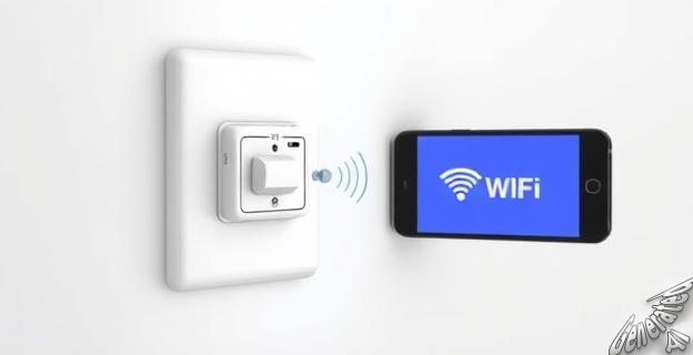 Un interruptor de luz convencional con un pequeño dispositivo WiFi conectado detrás, mostrando una app en un móvil controlando la luz.