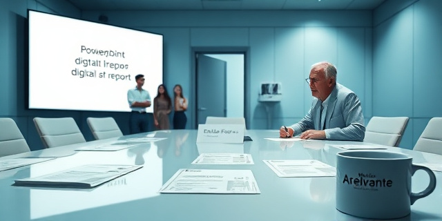 
  Una escena surrealista en un despacho lujoso: una mesa de reuniones con un PowerPoint abierto en una pantalla gigante mostrando un informe genérico sobre 