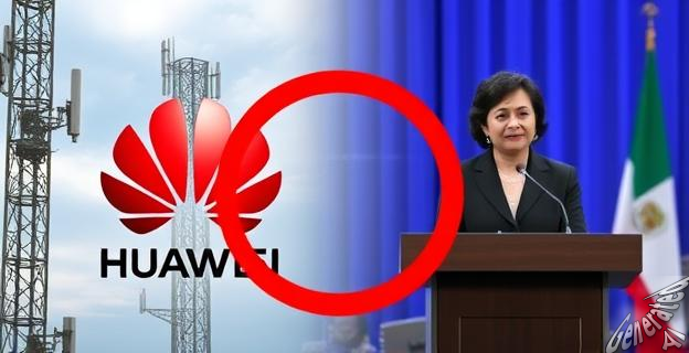 Una imagen de una torre de comunicaciones con un logo de Huawei y un símbolo de cancelación superpuesto, junto a una imagen de la secretaria de Estado María González Veracruz en un podio, con un fondo de la ciudad de Santander.