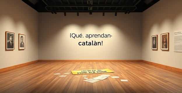 Una sala de exposiciones vacía con una pared donde se ve el texto 