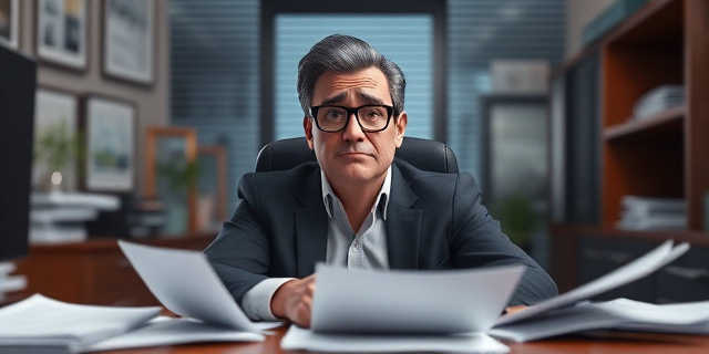 Un hombre sentado en una oficina, rodeado de papeles y documentos, con una expresión de desinterés y desgana en su rostro