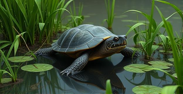 Imagen de una tortuga mordedora en un entorno acuático con vegetación densa y un fondo de agua turbia