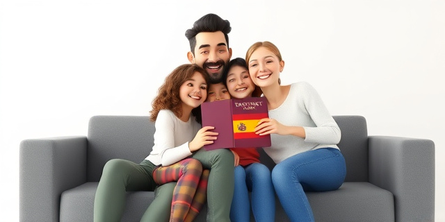 Una familia española sentada en un sofá, con un pasaporte español en la mano, sonriendo y abrazándose