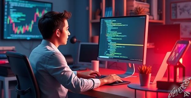 Una persona trabajando en un escritorio con un ordenador y una pantalla de código, rodeada de elementos digitales y de tecnología